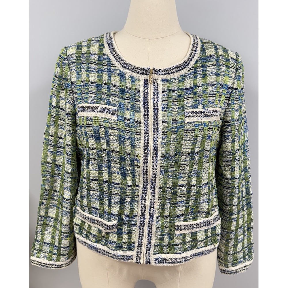 St. John Collection Zip Jacket Blazer 16 Boucle Knit Plaid Green Blue Old Money